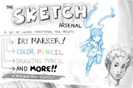 This set has a grease pencil, blue pencil, red pencil, soft sketch pencil, simple round, nib, organic, sumi, and brush. Pencil Brush Photoshop Collection Photoshop Brushes Free Sketch Photoshop Photoshop