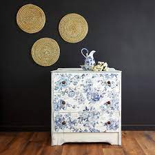 This is a side table cabinet with two doors and two drawers. Vintage Floral Dresser Chest Of Drawers White And Blue Drawers Shabby Chic Hand Painted Vinterior