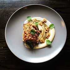 Pine Nut Crusted Brill Artichoke Puree Chestnut Mushrooms Beurre Noisette Dish By Chef Joe Mccart Gourmet Food Presentation Food Plating Food Inspiration