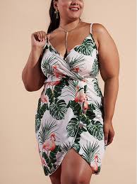 White Boohoo Palm And Flamingo Print Bohemian Shoulder Strap V Neck Plus Size Beach Mini Dress