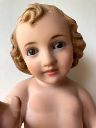 Vintage 10” Baby Infant Child Jesus With Glass Eyes, Plaster Nativity Jesus  With Wooden Twig Crib Crèche