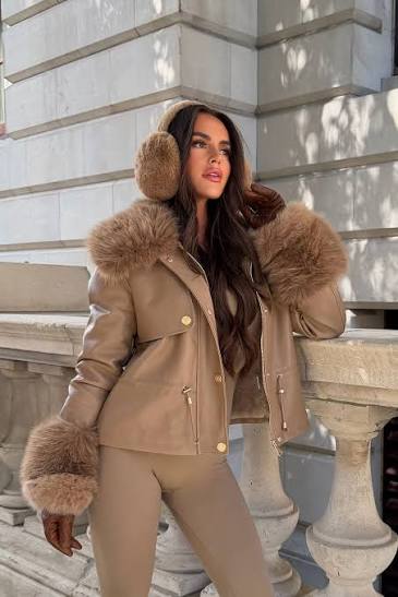 Taupe Faux Leather Jacket Faux Fur Collar Cuff & Adjustable Waist – Styledup.co.uk