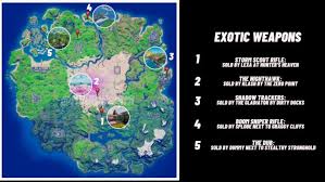 In this guide, we'll reveal the locations of each one and list if you need a more precise map, you can also watch this video courtesy of perfect score on youtube. Fortnite Season 5 Exotic Weapons How And Where To Find Exotic Weapons In Fortnite Locations