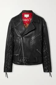 Black Oversized Lace Up Painted Leather Biker Jacket Gucci Net A Porter