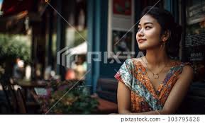 Smiling young asian woman sitting on a bench in... - Stock Illustration  [103795828] - PIXTA