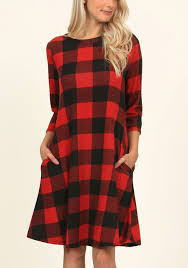 Black 3 4 Sleeve Dress With Pockets Red Black Plaid Pockets 3 4 Sleeve Checkered Tunic Casual Midi Dress Midi Dresses Dresses Midi Dress Casual Red Checkered Dress Buffalo Plaid Dress