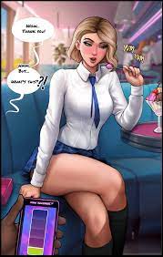 1boy 1girl 1girls absurd res aroma sensei blonde hair blue eyes  english text faceless male gwen stacy gwen stacy (spider-verse) highres  marvel miles morales skirt spider-man (series) vibrator |