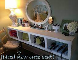 The two lack shelves serve as a counter and a holder for the makeup baskets, while the additions of a table lamp, a round wall mirror. Sis Style Ikea Hack Floating Vanity Home Diy Floating Vanity Home Decor
