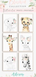 This Gorgeous Set Of 6 Sweet And Ethereal Watercolor Safari Animals Are Adorned With Coordinating Baby Animal Nursery Girl Nursery Pink Baby Animal Nursery Art