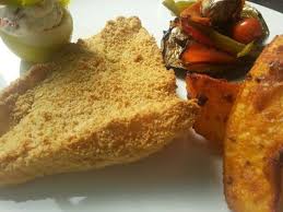 Fish Escalope Vegetable Mille Feuille Breaded Fish Escalope With Tartar Sauce Potato Rings Food Tartar Sauce Mille Feuille