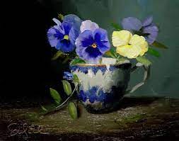 Daniel Edmondson Pansies In Antique Cracked Teacup Flower Painting Floral Oil Paintings Pansies
