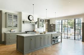 How Gorgeous Is This Painted Kitchen By Devol The Grey Sage Green Tones Are So Calming And The Extra Large Wood Floor Kitchen Shaker Kitchen Kitchen Interior