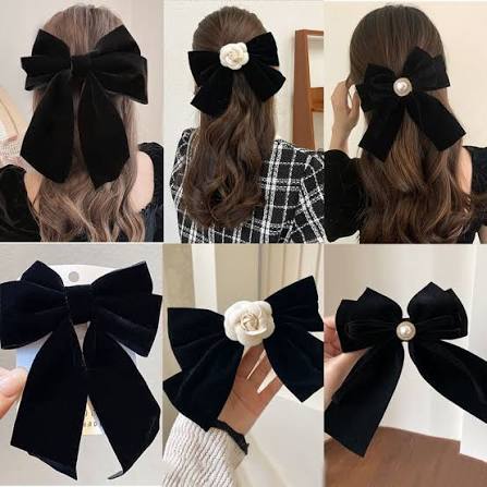 Kẹp Tóc Nơ Vải Nhung Đen Đính Hoa Trà Lớn Phong Cách Vintage Thanh Lịch