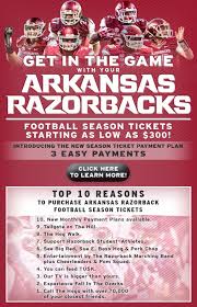 View future arkansas football schedules and opponents at fbschedules.com. University Of Arkansas Introducing New Season Payment Plan Top 10 Reasons To Purchase Football Season Ticket Arkansas Razorbacks Football College Athletics