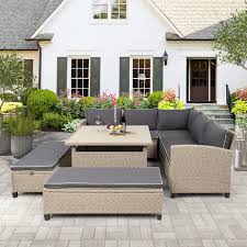 Urhomepro Patio Sectional Sofa Set 6 Piece Outdoor Patio Furniture Set 2 Double Sofa Corner Sofa 2 Benches Dinner Table Patio Conversation Set For Backyard In 2020 Outdoor Patio Furniture Sets Patio Furniture Sets Patio