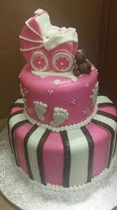 Calumet Bakery Baby Buggy Teddy Bear And Footprints Pink Brown And White Cake Baby Shower Cakes Cake Baby Cake