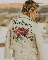 A Wedding Fashion Trend We Re Loving Personalized Bridal Jackets Leather Jacket Wedding Bridal Jacket Wedding Jacket