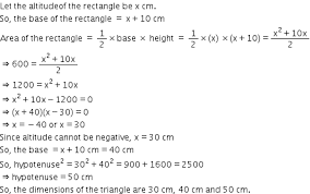 In right triangles, the legs can be used as the height and the base. The Area Of A Right Angled Triangle Is 600cmsq If The Base Of The Triangle Exceeds The Altitude By 10 Cm Find The Dimension Of The Triangle Mathematics Topperlearning Com T7lp1nyy