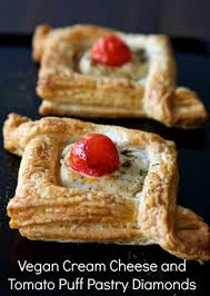 Vegan Puff Pastry Diamonds Filled With Herb And Garlic Vegan Cream Cheese Topped With Cherry Tomat Vegan Pastries Vegan Cream Cheese Vegan Christmas Recipes