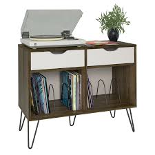 The stand is the perfect size to place your record player and keep your albums organized in the lower cubby with metal record dividers. Novogratz Concord Turntable Stand Brown Oak Media Storage