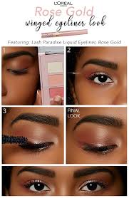 Rose Gold Winged Eyeliner Look Featuring L Oreal Paris Voluminous Lash Paradise Liquid Eyeliner In Rose Gold An Natural Beauty Makeup Eye Makeup Makeup Inspo