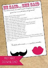 Bridal Shower Game He Said She Said Questions Digital Download Or Printable File Bridal Shower Games Bridal Shower Games Free Printables Couple Shower