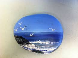 Hand Painted On A Rock Seagulls Ocean View Cliffs Waves Whitecaps Art Rock Stone Painting Painted Rocks Stone Art