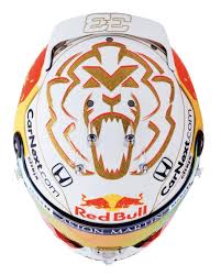 The helmet has a coloured reflective visor and four air vents. Max Verstappen Red Bull 2020 Max Verstappen Helmet Bull