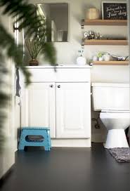 The Plumed Nest Apartment Fixes Mini Bathroom Make Over Black Bathroom Floor Apartment Therapy Small Spaces Bathroom Vanity Makeover