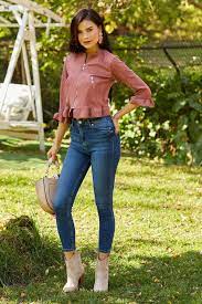 جاكيت قصيرة مكشكشة على الأكمام والخصر لون وردي غامق fashion mom jeans jackets