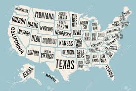 Cartel Del Mapa De Los Estados Unidos De América Con Los Nombres De Estado. Mapa  Imprimir De EE.UU. Para La Camiseta, Póster O Temas Geográficos. Dibujados A  Mano Un Mapa De Colores