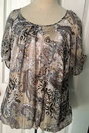 Dressbarn Shirt Top Medium Sheer Overlay Elastic Hem Brown Tan White Floral Dressbarn Blouse Casual Top Shirt Tops Fashion