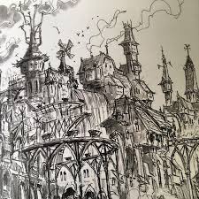 A Messy Steampunk Town Sketch Done Somewhere Last Year Sketchbook Notforinktober Drawing Sketch City Environme Steampunk Drawing Amazing Art City Sketch
