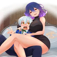 alto goldfield, vermeil (kinsou no vermeil), kinsou no vermeil, highres,  1girl, age difference, bed, between breasts, blush, breasts, cuddling,  nervous, shota, sitting - Image View - | Gelbooru - Free Anime and Hentai  Gallery