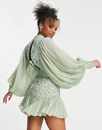 Asos plc is a british online fashion and cosmetic retailer. Asos Design Lace Mini Dress With Pleated Sleeve And Belt In Sage Asos