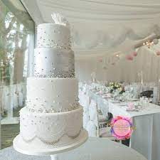 This white, silver, and green wedding cake featured a unique pattern inspired by a pattern on their invitations. Silver And White Wedding Cake Cakecentral Com