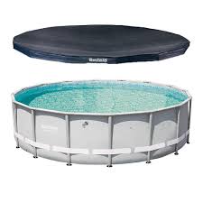 Bestway 16 Ft Round 48 In D Power Steel Hard Side Frame Pro Swimming Pool And Pvc Pool Cover 13429 Bw 58249e Bw The Home Depot In 2020 Pool Cover Pvc Pool Swimming Pools