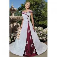 Wholesale A Line Off The Shoulder White Burgundy Sweep Train Wedding Dress Wic001 195 00 Wh Wholesale Wedding Dresses Sweep Train Wedding Dress Dresses