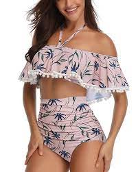 Coskaka Women S High Neck Two Piece Bathing Suits Top Ruffled High Waist Swimsuit Tankini Bikini Sets Trendy Swimsuits Bikini Swimsuits Womens Swimsuits Bikini