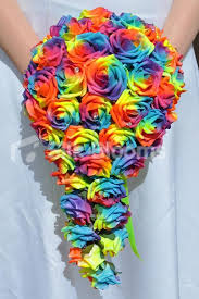 Vibrant Artificial Neon Rainbow Rose Cascade Wedding Bridal Bouquet Rainbow Wedding Theme Rainbow Wedding Dress Neon Wedding