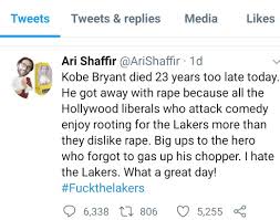 The club told the hollywood reporter they will not be working with shaffir in the future after learning of his inappropriate tweet. Brian On Twitter