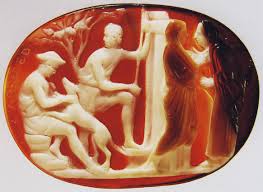 Hippolytus His Hunt Companion Phaedra And Nurse Cameo Sardonyx Agate 4 1 2 9 Cm Inscription Lav R Med Inv No 25834 Naples Cameo Museum Naples