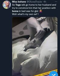 Videos of married big brother housemate, tega, making out passionately and sleeping with fellow housemate, boma has sparked outrage on . 8kmzy3fswuhvwm