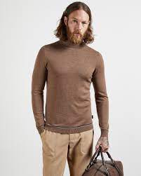 Mens long line jumper shawl roll neck soul star cable knitted curved hem sweater. Fitted Roll Neck Jumper Camel Knitwear Other Europe Site
