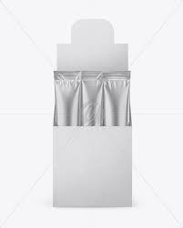 Opened Box W 20 Metallic Sachets Front View In Sachet Mockups On Yellow Images Object Mockups