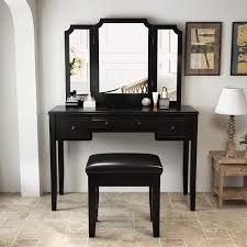 Overstock.com has been visited by 1m+ users in the past month 3 Drawers And Storage Cabinet For Bedroom Decok Make Vanity Desk And Chair Set With Tri Folding Mirror Solid Wood Legs Makeup Dressing Table With Cushioned Stool Black Vanities Vanity Benches Bedroom