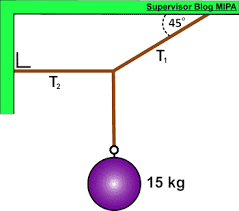 Sebuah benda masanya 10 kg digantung dengan 2 tali t1 dan t2. Hukum Newton Pada Kesetimbangan Tali Beserta Contoh Soal Dan Pembahasan Fisikabc