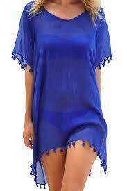 Blue Pom Pom Tassel Hem Gauze Cover Up Beachwear For Women Beach Dresses Summer Cover Beachwear