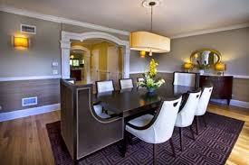Beautiful dining room with light tan walls accented with chair rail trim alongside an oak buffet cabinet topped with jade ginger jars below a chinoiserie screen across from the oak dining table lined with french square back linen dining chairs. 26 Ideas For Design Painting Dining Room With Chair Rail Hausratversicherungkosten Info