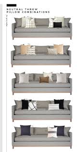 Photo pillows on grey couch in white simple living room interior with plant on wooden table. Neutral Throw Pillow Combinations For Grey Sofas Room For Tuesday